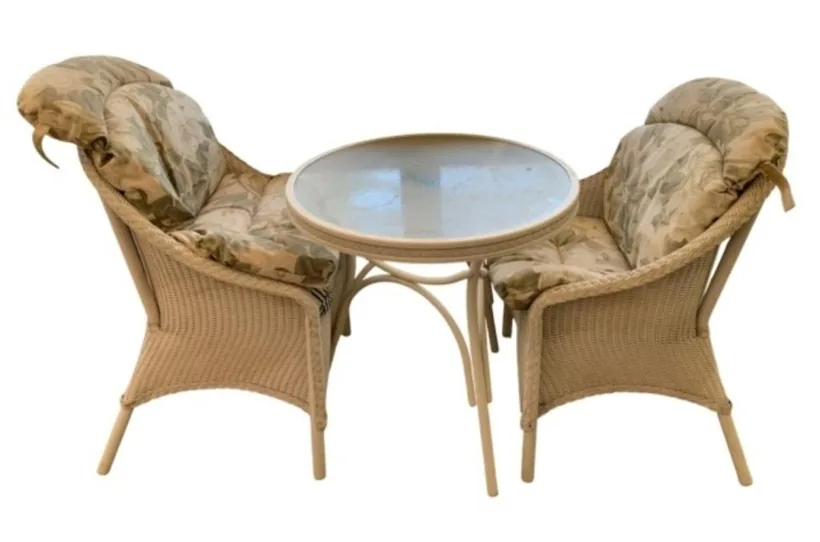 3pc White Wicker Bistro Set w/Cushions & Glass Top