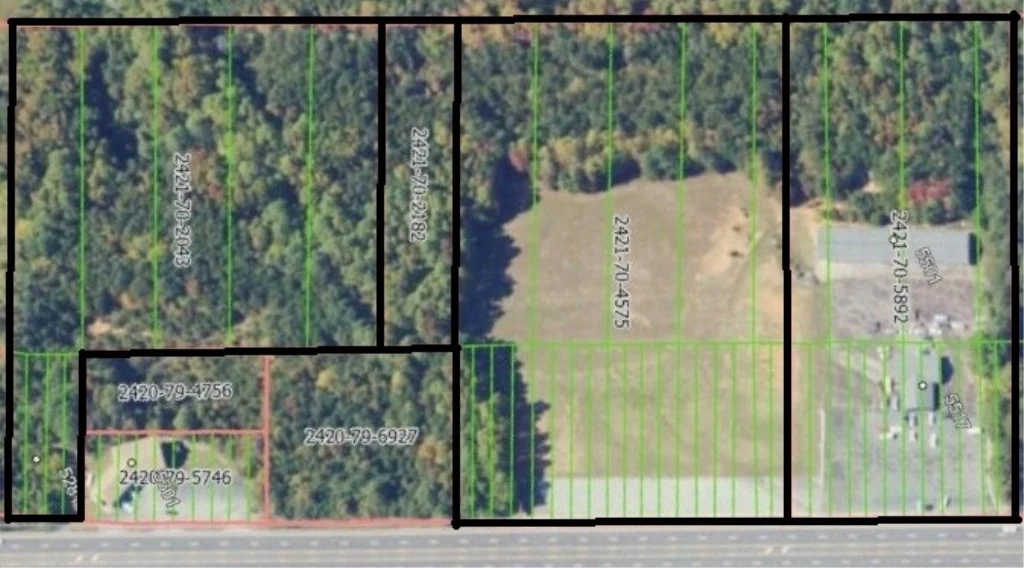 Aerial view of the commercial property with its parcel lines