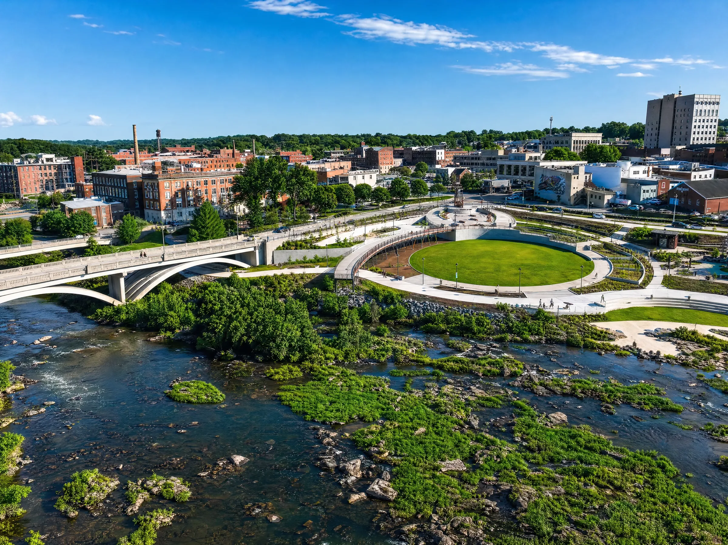 Aerial view of downtown Danville, Virginia, along the Dan River